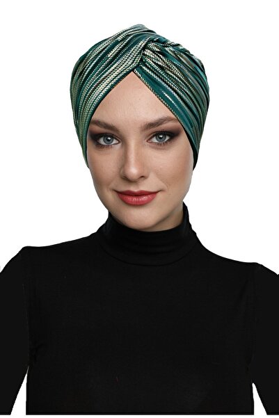 fidan bone Pliseli Varaklı Astarlı Yeşil Hazır Türban Tesettür Abiye Bone