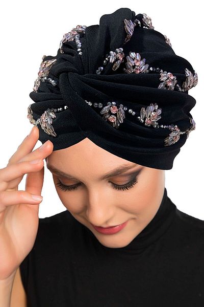 fidan bone Shining Hand Embroidered Black-Powder Ivy Flower Lined Ready-made Hijab Hijab Evening Dress Bonnet
