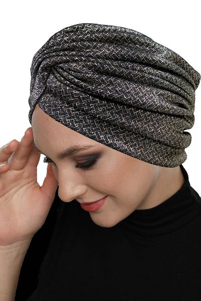 fidan bone Black-Gold Ready Turban Hijab Bonnet - με σταυρωτό σχέδιο και επένδυση από φύλλα