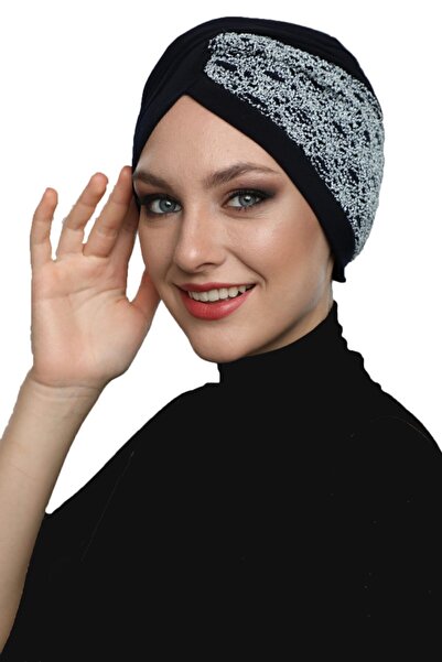 fidan bone Çapraz Buklet Lacivert-gri Hazır Türban Tesettür Havuz Bonesi Medikal Kullanıma Uygun