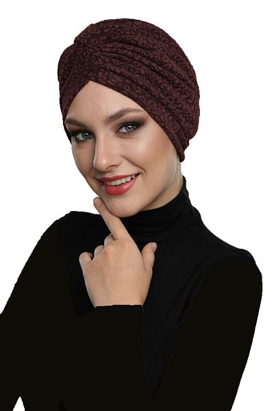 fidan bone Καπό Hijab Ready Turban με επένδυση καφέ με ταινία μπροκάρ