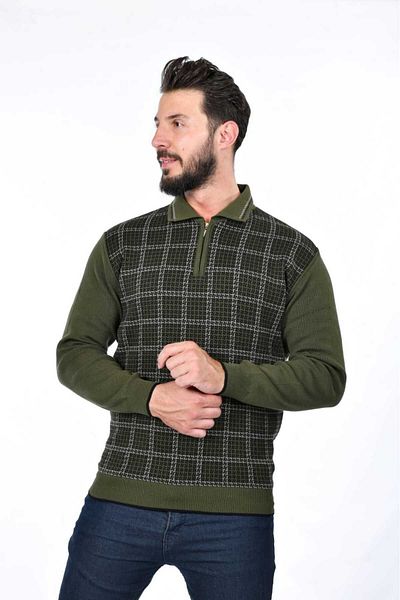 Kamalı Men's Steel Knit Houndstooth Shirt Collar Zippered Polo Collar Non-Pilling Knitwear Winter Dad Sweater