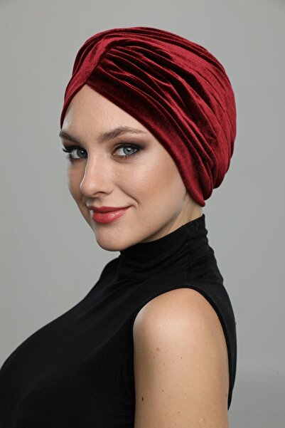 fidan bone Kadife Çapraz Bordo Hazır Türban Tesettür Bone Medikal Kullanıma Uygun