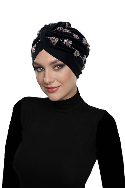 fidan bone Shining Hand Embroidered Black-Powder Ivy Flower Lined Ready-made Hijab Hijab Evening Dress Bonnet