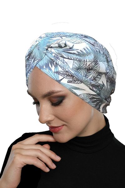 fidan bone Patterned Cross Combed Cotton Cream-Green Leaf Patterned Ready-made Turban Hijab Pool Bonnet
