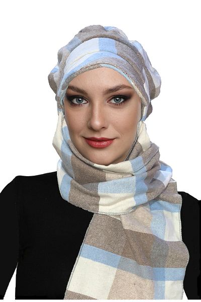 fidan bone Wool Cap Hat with Scarf Plaid Patterned Blue-Beige-Cream Ready-made Turban Hijab Bonnet Beret