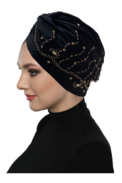 fidan bone Shining Hand Embroidered Black-Copper Branch Patterned Lined Ready-Made Hijab Hijab Evening Dress Bonnet
