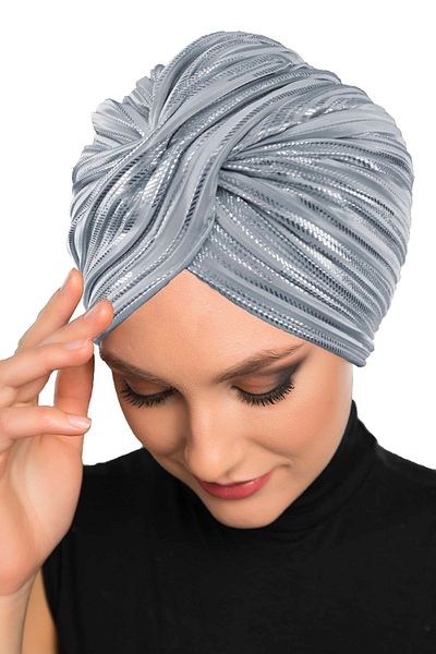 fidan bone Βραδινό καπό Hijab με πλισέ φύλλο ανοιχτό γκρι έτοιμο τουρμπάνι