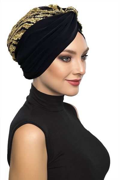 fidan bone Special Design Black with Gold Wavy Sequined Lining Ready-made Hijab Hijab Evening Dress Bonnet