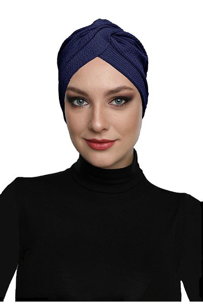 fidan bone Cross Ribbed Combed Cotton Navy Blue Ready-made Headscarf Hijab Pool Bonnet