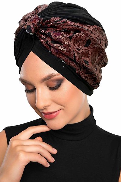 fidan bone Special Design Black with Burgundy Pattern, Sequined Lining, Ready-made Hijab Hijab Evening Dress Bonnet