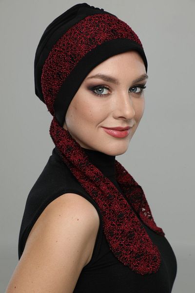 fidan bone Buklet Bandana Tied Black Claret Red Ready-made Headscarf Hijab Bonnet
