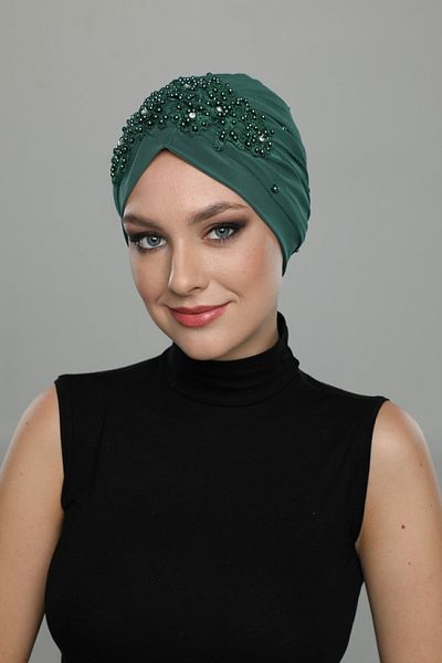 fidan bone Έτοιμο τουρμπάνι Hijab βραδινό καπό φόρεμα με σχισμή γραμμή και κεντημένο πράσινο μοτίβο δαντέλας