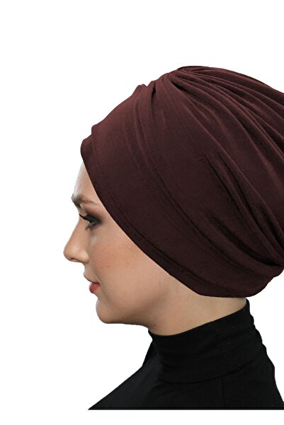 fidan bone Στιγμιαίο τουρμπάνι με επένδυση διπλής στρώσης καφέ Hijab Εξωτερικό και Καπάκι πισίνας