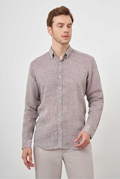 Morven Мъжка кафява ленена риза с яка с копчета и стандартна кройка