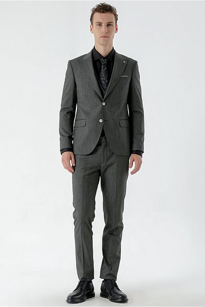 Morven Men's Black Polyviscon Trend Vest Patterned Slim Fit Pointed Collar Suit