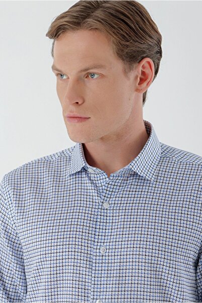 Morven Чоловіча синя сорочка з бавовняної тканини габардін з принтом у вигляді бавовни, крій Slim Fit