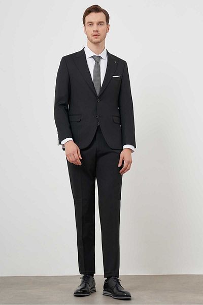 Morven Men's Black Polyviscon Basic Jacquard Pattern Slim Fit Pointed Collar Suit