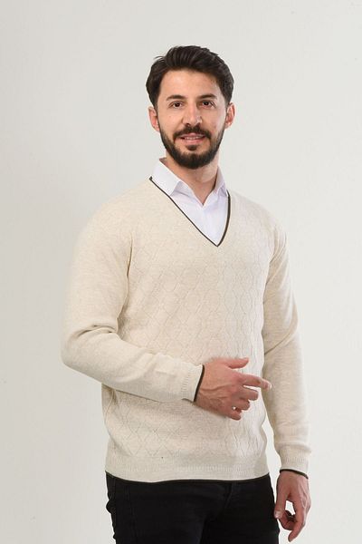 Kamalı Men's V-Neck Knitwear Sweater - Long Sleeve, Non-Pilling, Standard Fit, Winter Knit