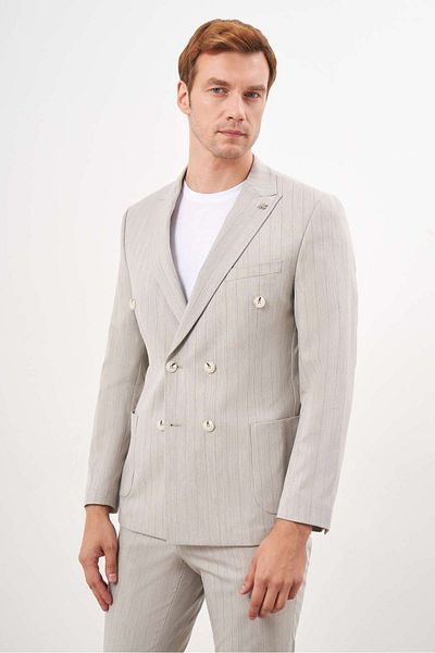 Morven Beige Polyviscon Slim Fit Suit - Double Breasted Pointed Collar