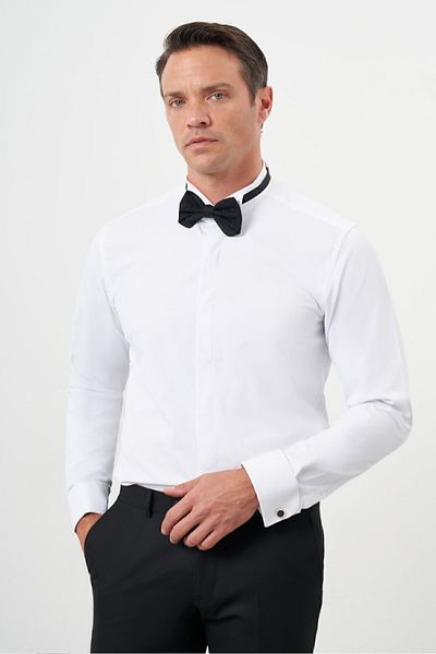 Morven Men's White Cuffed Plain Pattern Atak Collar Slim Fit Shirt