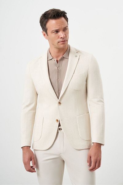 Morven Men's Beige Knitted Slim Fit Bag Pocket Mono Collar Sports Jacket