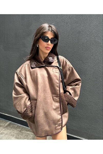 My Blog Zr Model Hnědý kožený kabát s kožešinou uvnitř