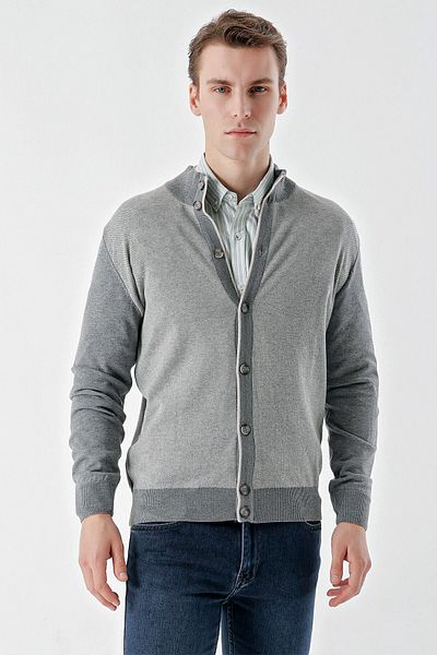 Morven Men's Medium Gray Trend Eyelet Buttoned Knitwear Cardigan
