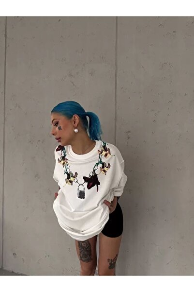 JANES Λευκό μπλουζάκι Unisex Oversize με στάμπα με λαιμόκοψη