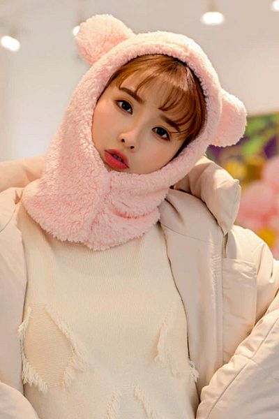 Bundeba Wig Women's Plush Pink Beanie Snow Mask Neck Collar Thermal Welsoft Teddy Bear Fleece Scarf Windproof