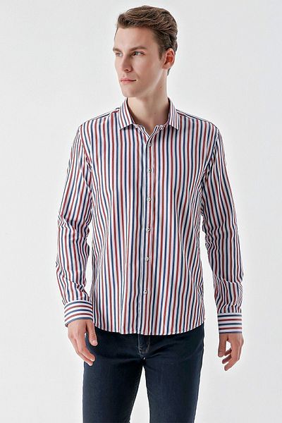 Morven Men's Burgundy Trend Striped Paneled Italian Collar Slim Fit Shirt