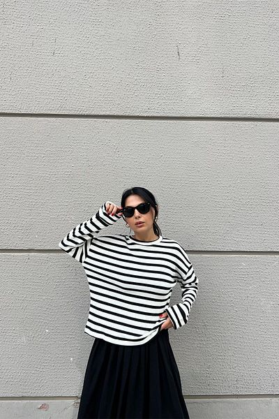 Seda Yalçın Atelier Ecru Black Striped - Fold Stitched Long Sleeve Knitwear