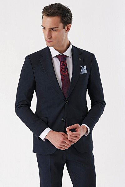 Morven Erkek Koyu Lacivert Yünlü Desenli 6 Drop Slim Fit Takım Elbise