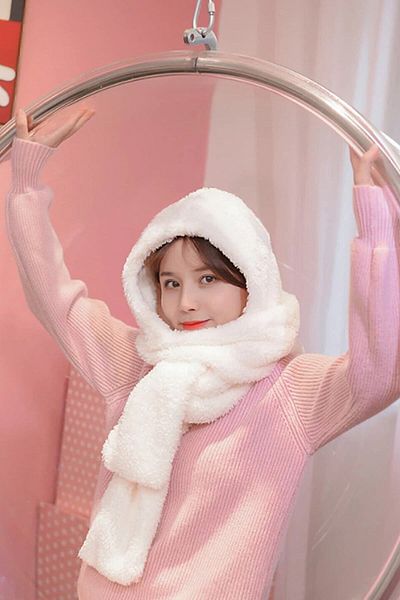 Bundera Scarf White Hooded Women Plush Beanie Scarf Female Welsoft Fleece Neck Collar Shawl Windproof Hat
