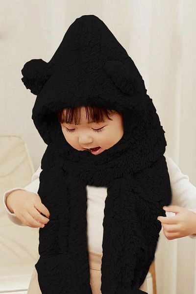 Bundera Black Children's Hooded Plush Beanie Scarf Gloves Welsoft Neck Collar Windproof Hat with Ears