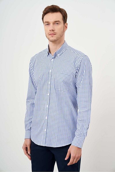 Morven Men's Blue Cotton Pocketed Plaid Button Collar Regular Fit Shirt