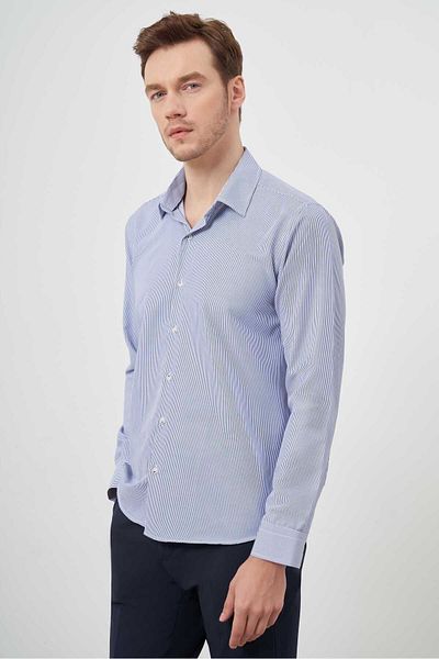 Morven Men's Blue Slim Fit Striped Pattern Hard Neck Shirt