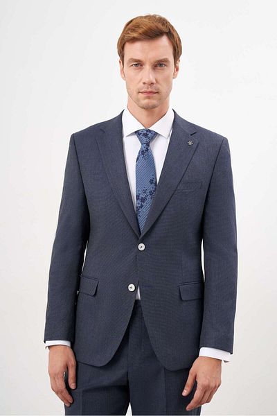 Morven Men's Navy Blue Dynamic Fit Plaid Mono Collar Suit - Polyviscose