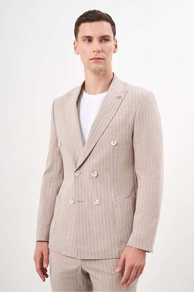 Morven Linen Slim Fit Suit - Men'S, Brown, Pointed Collar, Double Breasted