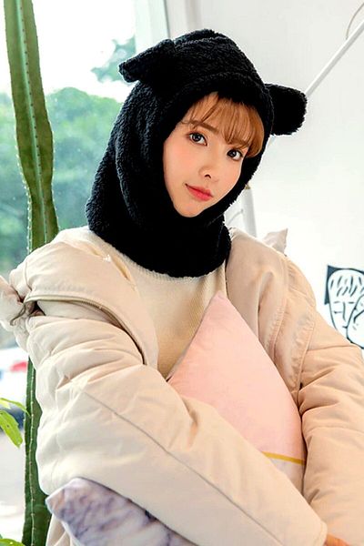 Bundera Wig Black Women's Plush Beanie Snow Mask Neck Collar Thermal Welsoft Teddy Bear Fleece Scarf Windproof