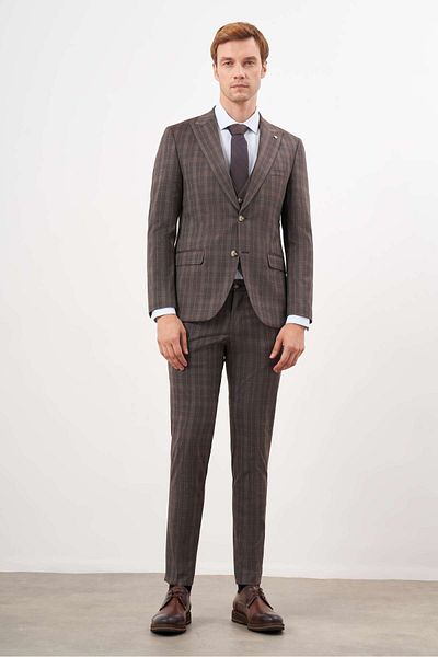 Morven Men's Brown Polyviscon Trend Vest Plaid Slim Fit Pointed Collar Suit