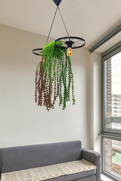 Bundera Bicycle Wheel Flower Pot Chandelier Metal Pendant Lamp Wrought Iron Rustic Office Cafe Balcony Decorative Ceiling Lamp