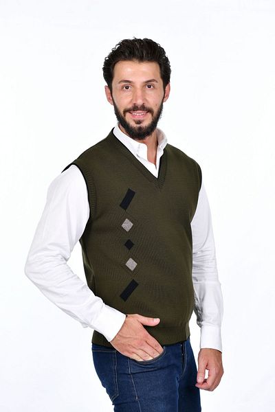 Kamalı Khaki Men's Steel Knit Winter Thick Knitwear V-Neck Knitwear Knit Non-Pilling Jumpers