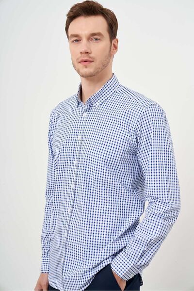 Morven Men's Blue Cotton Pocketed Plaid Button Collar Regular Fit Shirt
