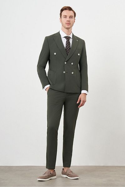 Morven Ανδρικό κοστούμι χακί Slim Fit Polyamide Trend - Διπλό με μυτερό γιακά
