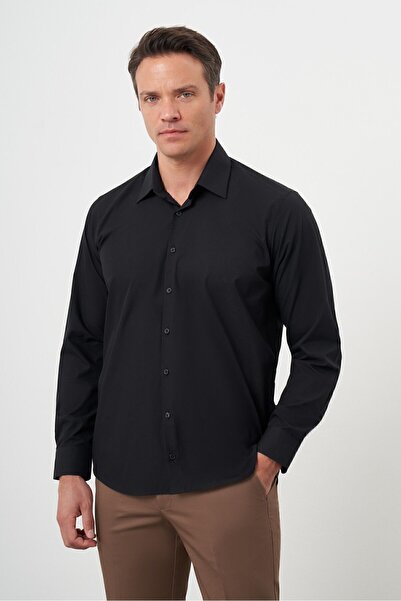 Morven Cămașă neagră pentru bărbați, cu model simplu, cu guler rigid, cu potr...