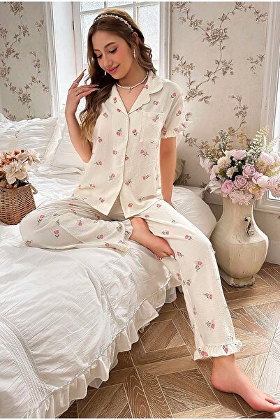 BELLA NOTTE Long Floral Printed Frilly Pajamas Set