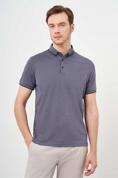 Morven Tricou Smoked Trend pentru bărbați, mercerizat, simplu, cu guler cu nasturi, cu croiala dinamică
