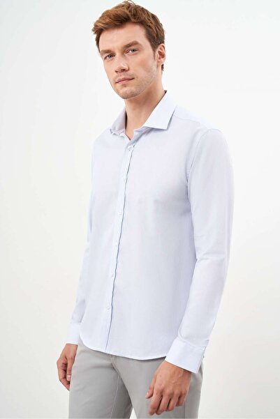 Morven Men's A. Blue Cotton Patterned Slim Fit Italian Collar Shirt