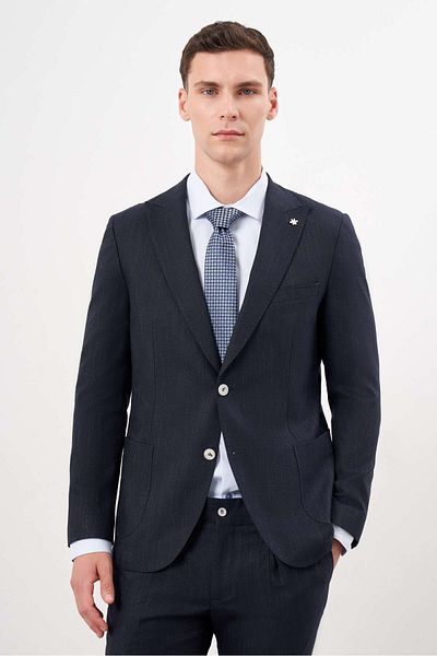 Morven Men's Slim Fit Navy Blue Polyviscose Suit - Trend Patterned, Mono Collar